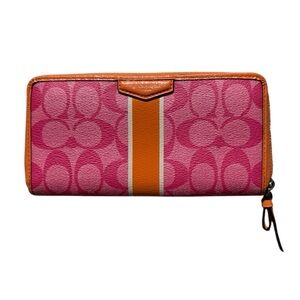 Coach Pink Signature Stripe Zip Around Wallet with Orange Trim